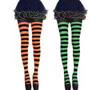 2 Pairs Halloween Striped Tights, Full Footed Stripey Tights with Black-Orange and Black-Green Stripes, Opaque Halloween Tights for Women, Stripy Tights Women for Halloween Fancy Dress