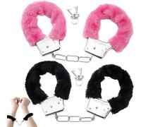 2 Pairs Handcuffs with 4 Keys Set, Pink Fluffy Handcuffs for Adult, Valentines Day Gift for Lover, Black Metal Handcuffs for Cosplay, Handcuffs Prop, Dress Ball Party
