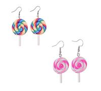 2 Pairs Handmade Rainbow Lollipop Earrings Set for Women Polymer Clay Delicate Sweet Colorful Simulated Swirl Candy Sugar Ice Cream Food Dangle Drop Earrings for Christmas Holiday Birthday Party