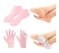 2 Pairs Heel Cushion Pads and 2 Pairs Pink Silicone Moisturizing Glove Socks Set, Gel Heel Pads, Silicone Foot Socks, Reusable Moisturiser Socks Glove for Women Softening Feet Dry Cracked Skin