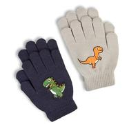 2 Pairs Kid Magic Stretch Gloves with Dinosaur Pattern, Children's Cold Weather Glove, Full Fingers Knitted Thermal Glove for Boys Girls Aged 4-11