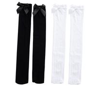 2 Pairs Knee High Socks Thigh High Stockings,Black and White Knee High Bow Socks Women's Knee-High Socks Frilly Ribbons Bow Long Socks for Women Over The Knee