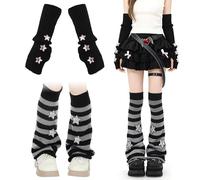 2 Pairs Leg Warmers Y2k & Arm Warmers Set, Y2k Goth Harajuku Style Black Grey Warmers, Soft Flared Knit Boot Socks, Knitted Arm Gloves with Star, Stackable Gothic Outfits Accessories for Girls Women