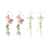 2 Pairs Long Flower Dangle Earrings for Women Boho Acrylic Pink Flowers Floral Cherry Blossom Lily of the Valley Leaf Tassel Pearl Fairy Earrings for Summer Spring Holiday Wedding Trendy Jewelry