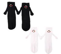 2 Pairs Magnetic Holding Hands Socks for Kids, Funny Gift Smile Face Mid-Tube Novelty Magnet Sock Matching Silly Odd Socks for Friends Sisters Brothers Children Toddler 3-5T (White, Black)