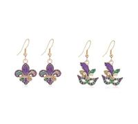2 Pairs Mardi Gras Earrings for Women Glitter Fleur De Lis Mask Dangle Earrings Boho Handmade Statement Purple Green Earrings Carnival Parade Jewelry Accessories, M, Alloy Steel, No Gemstone