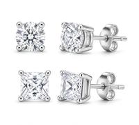 2 Pairs Mens Stud Earrings Set, Small CZ Stud Earrings in Round Square Teardrop Shape, Hypoallergenic Unisex Jewellery for Women Men (Silver Colour)