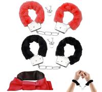 2 Pairs Metal Handcuffs, Fluffy Handcuffs with 4 Keys & Sleep Eye Mask for Lover Adult, Cosplay Costume Props for Cosplay, Valentine's Handcuffs Prop Dress Ball Party Police Game (Black & Red)