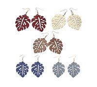 2 Pairs Natural Wooden Monstera Leaves Stud Earring for Women Tropical Plant Palm Leaf African Earrings Handmade Ethnic Jewelry, Metal Wood, wood