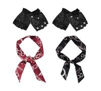 2 Pairs Of Black Half-Finger Gloves, 2 Pieces Of Scarves, Creative And Personalized Rock Accessories, Simple And Fashionable, Universal For Men And Women, Outdoor Riding Gloves.