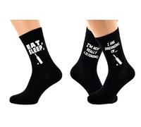 2 PAIRS OF BLACK SOCKS. PAIR 1: Eat, Sleep, Cricket Bat Image. PAIR 2: I'm not really listening, I'm dreaming of... Cricket Bat Image. Both Pairs of socks are printed in White Vinyl.