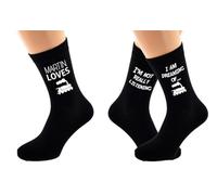 2 PAIRS OF BLACK SOCKS. PAIR 1: Personalised Loves with Train Image. PAIR 2: I'm not really listening, I'm dreaming of... Train Image. Both Pairs of socks are printed in White Vinyl.