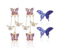 2 Pairs Of Butterfly Earrings, Long Tassel Earrings, Romantic Purple Butterfly Earrings, Colorful Glass Earrings, Crystal Butterfly Earrings, Women'S Earrings Set