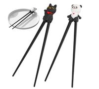 2 Pairs of Chopsticks Aid for Beginners, Black Panda and Lucky Cat Design, Learning Sticks with Spring Joint, Reusable, Training Chopsticks Set for Beginners to Eat Asian Noodles
