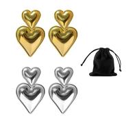 2 Pairs of Double Heart Shaped Earrings with 1 Black Storage Bag, Gold and Silver Design, Unique Christmas Earrings and Pendant Set for Women