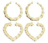 2 Pairs Of Golden Ladies Earrings, Thick Golden Earrings In The 1990S, Ladies Gold Hoop Earrings, Large Gold Hoop Earrings, Personalized Jewelry (Round, Heart-Shaped).