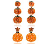 2 Pairs of Halloween Beaded Pumpkin Earrings for Women, Handmade Beads Pumpkin Dangle Earring for Halloween Festive Jewelry Gifts Costume Party Accessories