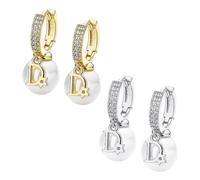 2 Pairs of Pearl Stud Earrings - Elegant Ladies' Copper Drop Earrings, Vintage Letter Pearl Jewelry, Clothing Accessories (Gold, Silver)