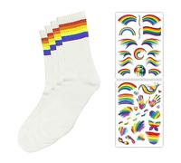 2 Pairs of Rainbow Socks with 2 Rainbow Tattoo Stickers, Rainbow Pattern Cotton Socks, Unisex Sports Socks, Retro Casual Socks for Outdoor Sports, Hiking (White)