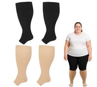 2 Pairs Open Toe Compression Socks Flight Socks For Women Large Calves Toeless Open Toe Compression Socks for Women Wide Calf Graduated Compression Stockings 20-30 mmhg 3XL Black Skin Color