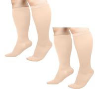 2 Pairs Plus Size Compression Socks for Women & Men,Wide Calf Large Calves Flight Socks Compression Stockings Knee High Pressure Support Stockings for Pregnancy Nurses Travel (Nude+Nude, 4XL)