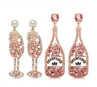 2 Pairs Rhinestone Champagne Bottle Earrings Crystal Wine Glass Dangle Earrings for Women Delicate Champagne Flute Earrings Party Celebration Jewelry Gifts, Zinc, Rhinestone