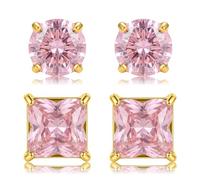 2 Pairs Stainless Steel CZ Stud Earrings for Men Women - Round & Four-Leaf Clover Cubic Zirconia Earrings, Hypoallergenic Studs Jewelry Set for Daily Wear, 6mm, Metal Gemstone, Cubic Zirconia