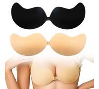 2 Pairs Stick On Bra Push Up,Sticky Bra Backless Invisible,Strapless Bra, Reusable Breathable Hair for Women for Wedding Dresses,Black, Skin Colour