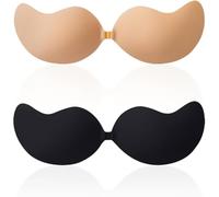 2 Pairs Sticky Bra Push Up, Backless Strapless Bra, Reusable Invisible Bras, for Party, Wedding, Deep V, and Backless Dresses(Black, Skin Tone)