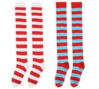 2 Pairs Striped Socks Over Knee Thigh High Stockings for Dr Seuss Women Girls Thing 1 Thing 2 Costume Accessory, Red, White & Blue, One size
