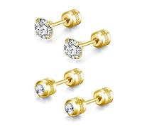 2 Pairs Stud Earrings Set,Hypoallergenic Cubic Zirconia 316L Stainless Steel CZ Screw back Double Sided Earrings for Men,Women,Boys & Girls