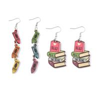 2 Pairs Teacher Earrings for Women Wood Crayon Book Dangle Earrings Handmade Fun Pencil Book Drop Earring Teacher Gifts Teachers Outfits Jewelry Accessories, Stainless Steel, No Gemstone