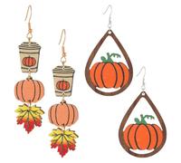 2 Pairs Thanksgiving Wooden Autumn Pumpkin Beverage Dangle Earrings Funny Maple Leaf Dangle Earrings Handmade Wood Teardrop Pumpkin Drop Earring for Women Fall Jewelry