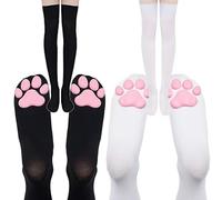 2 Pairs Thigh Highs, Cat Paw Socks, Cute Over Knee Socks for Women, Thigh High Sock with Paws for Cosplay & Daily Wear, Thigh High Stockings with Black & White Cat Claw Pattern