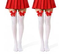 2 Pairs Velvet Thigh High Socks, White Over Knee Stockings with Red lace Satin Bow Opaque Cozy Christmas Long Sock Women Sexy Stocking Valentine's Cosplay Accessories Adult Girl Women Party Gift