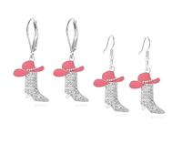 2 Pairs Western Boots Earrings for Women Rhinestone Cowboy Cowgirl Rodeo Boot Leverback Earrings Western Jewelry, S, Alloy Steel, No Gemstone