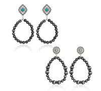 2 Pairs Western Earrings for Women, Silver Tone Navajo Pearl Style Beaded Dangle Earrings, Lightweight Boho Cowgirl Jewelry Set Gifts for Cowgirl Style Lovers