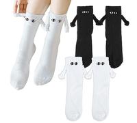 2 Pairs White Black Hand in Hand Socks, Funny Cotton Magnetic Suction 3D Doll Couple Friendship Holding Hands Socks Novelty Cute Mid Tube Sports Socks with S-miley Face Special Gifts for Women Men