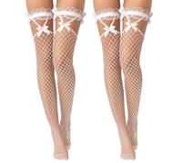 2 Pairs White Stockings for Women Lace Top White Stockings with Bow, Fishnet Stockings for Women, Hold Up Stockings for Women Thigh High Stockings for Women Cosplay Costumes Daily Favors