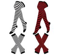 2 Pairs Women Striped Thigh High Socks and Long Fingerless Gloves Set