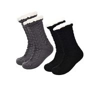2 Pairs Women's Warm Slipper Socks Christmas Fuzzy Socks Fleece-lined Non Slip Slipper Socks (Black and Grey)