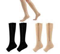 2 Pairs Zipper Compression Socks for Women Men,15-20 mmHg Open Toe Compression Sock,Knee High Calf Compression Socks for Women Men,Suitable for Sports, Travel, Daily use (Black,Skin)