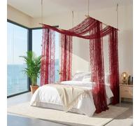 2 Panel Burgundy Lace Canopy Bed Curtains for Queen King,28"W x 276"L | Vintage Sheer Drapes for Adults Girls Bedroom, Soft Breathable Romantic Mesh Scarf Valance for Cozy Ambiance Room Decor