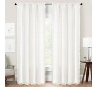 2 Panel Long Boho Farmhouse Linen Striped Embroidery Drapes with Tassels for Bedroom, Living Room, Window - White, 52 x 84 inch drop (132 x 213cm)