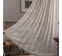 2 Panels Boho Windows Curtains Semi-Blackout,Handmade Crochet Embroidery Cotton Linen Curtain Drape with Tassel for Bedroom Living Room,Vintage Farmhouse Beige Cuartins with Rod Pocket,59" W x 118" L