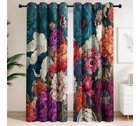 2 Panels Luxurious Classical Blackout Curtains Cream Dark Teal, Thermal Insulated Curtains Privacy Window Drapes Living Room Study, Floral Maximalist Flowers Botanical Red Orange Green (W 52 x L 108)