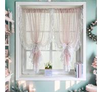 2 Panels Pink Floral Embroidery Sheer Lace Curtain with White Ruffles Trim