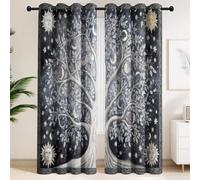 2 Panels Sacred Historical Blackout Curtains Black Silver, Thermal Insulated Curtains Privacy Protect Window Drapes for Meditation Room Study, Mysticism Tree Of Life Moon Sun Stars (W 52" x L 84")