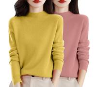 2 PC Black Red Green Cashmere Jumpers for Women UK Semi Turtleneck Ladies Long Sleeve Sweater Cashmere Solid Color Ladies Autumn Winter Sweaters Tops Trendy Outfit