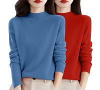 2 PC Black Red Green Cashmere Jumpers for Women UK Semi Turtleneck Ladies Long Sleeve Sweater Cashmere Solid Color Ladies Autumn Winter Sweaters Tops Trendy Outfit